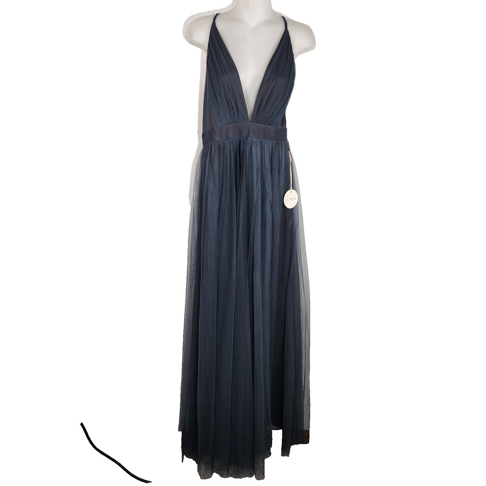 Luxxel Maxi Dress Large Black Plunge V Gown Criss Cross Back NWT Fairy Grunge